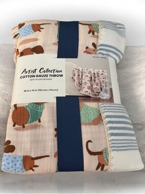 Cotton Gauze Throw Blanket - Cream & Blue